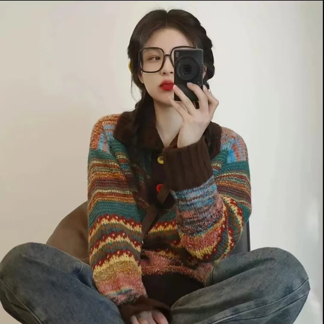 韩版费尔岛秋冬毛衣慵懒高级彩色条纹美拉德宽松显瘦复古针织上衣