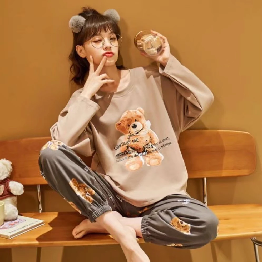 春秋季新款女士奶茶小熊长袖长裤可居家可外穿家居服套装睡衣