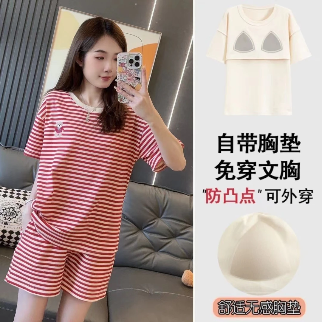 夏季新款带胸垫红色条纹小熊短袖短裤睡衣套装