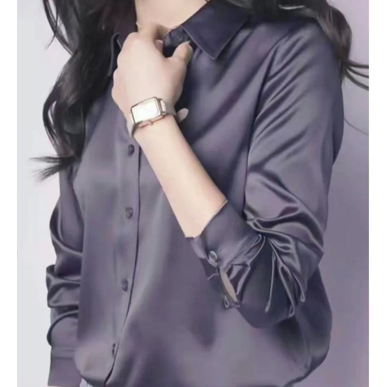 长袖纯色衬衣丝滑亲肤百搭时尚气质显瘦