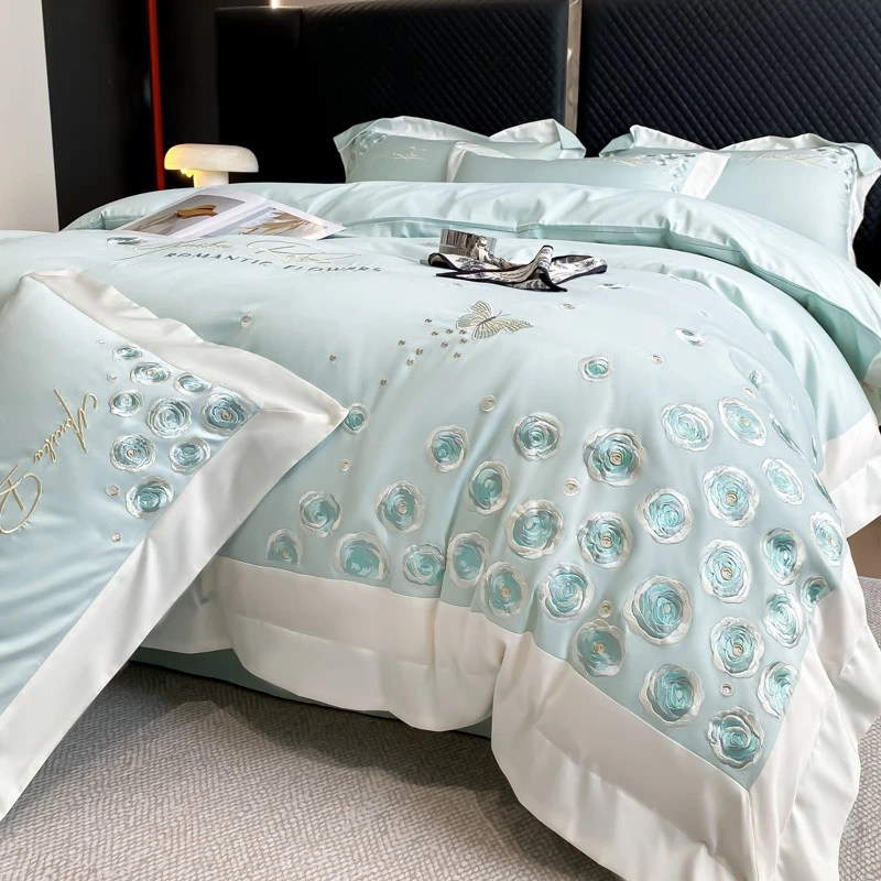 高端轻奢长绒棉纯棉四件套A类绣花简约纯色欧式时尚设计师款高档