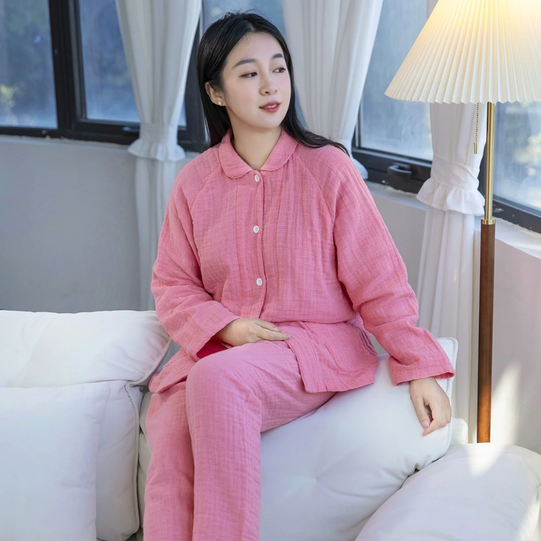 宜色家睡衣女春秋四层纱100%纯棉睡衣女套装情侣可外穿家居服舒适