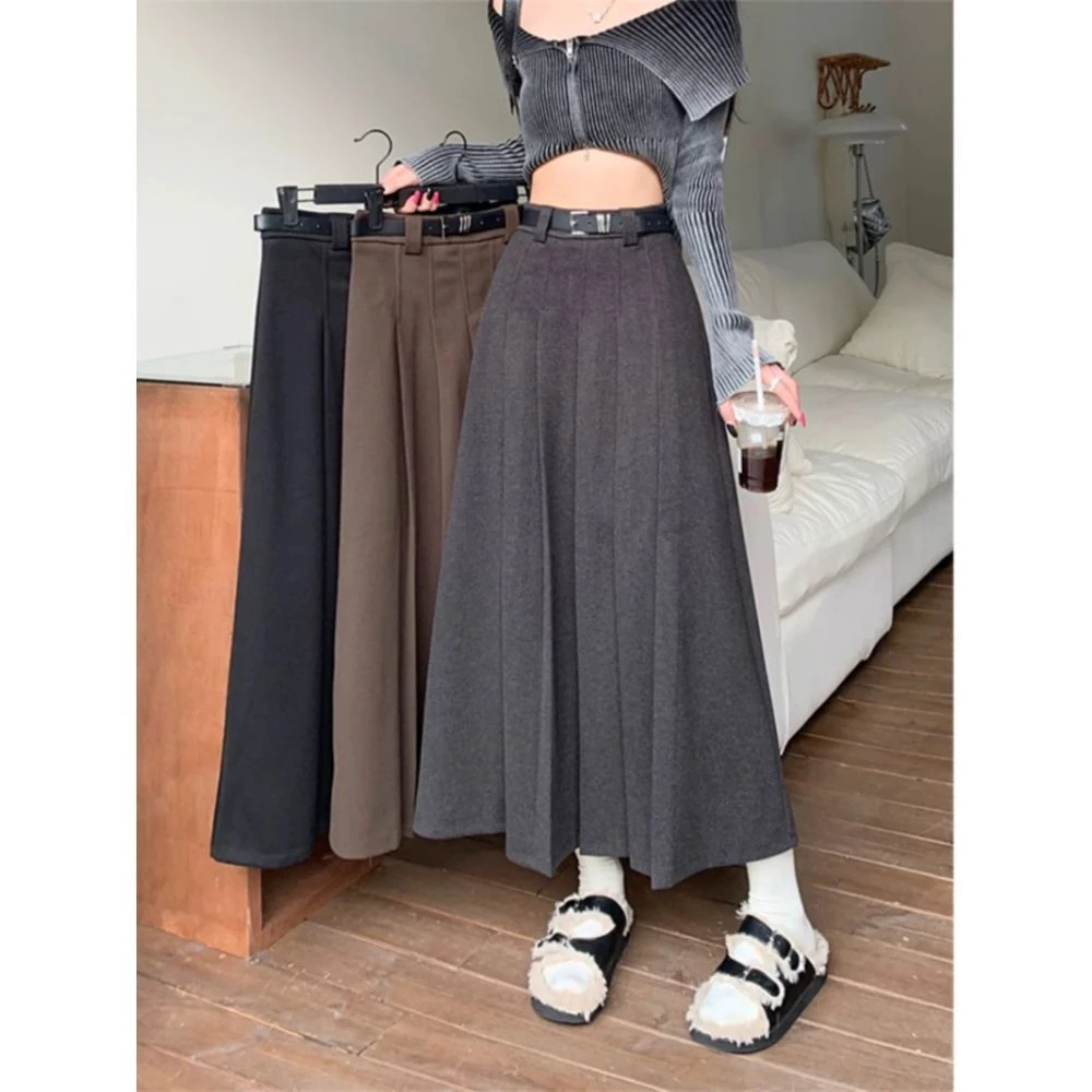 复古毛呢百褶半身裙女2024冬季新款洋气时尚高腰显瘦a字伞裙子