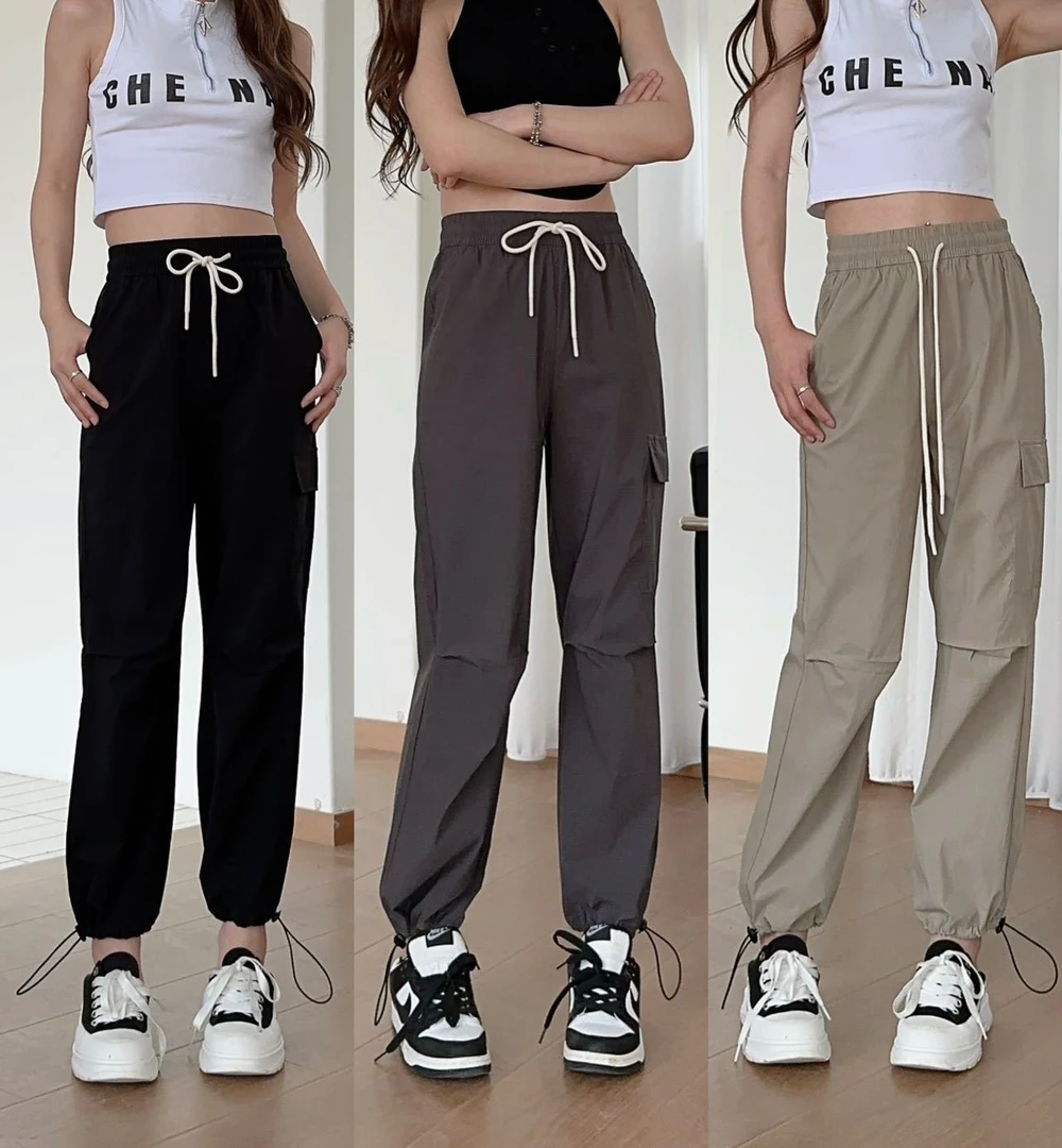 甜酷高腰工装裤女春夏薄款高腰显瘦休闲宽松抽绳弹力哈伦裤小脚裤