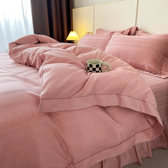 新款全棉床盖单人夹棉纯棉床罩纯色床裙简约亲肤公主风斜纹轻奢