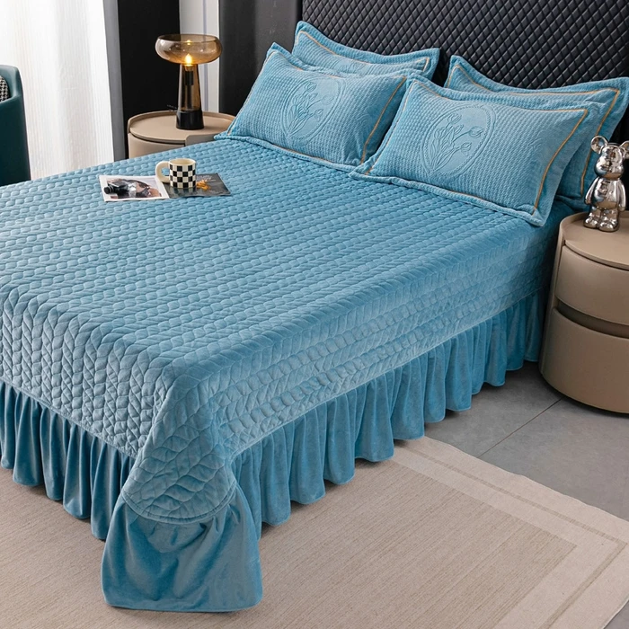 郁金香-加厚牛奶绒夹棉床盖防滑加绒纯色冬季防滑床双人床