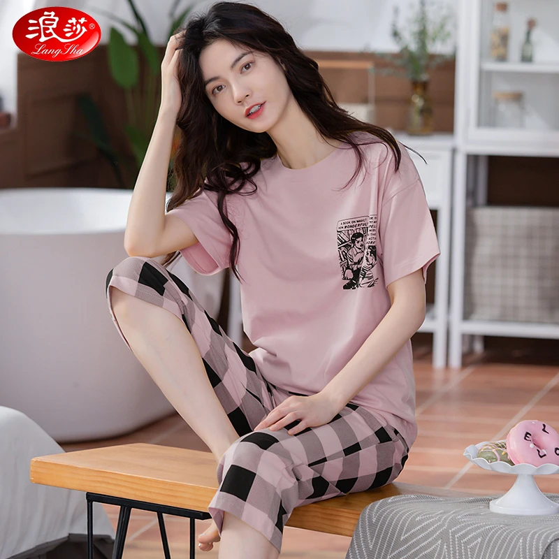 浪莎睡衣女夏季纯棉短袖七分裤薄款网红爆款夏天可外穿家居服套装
