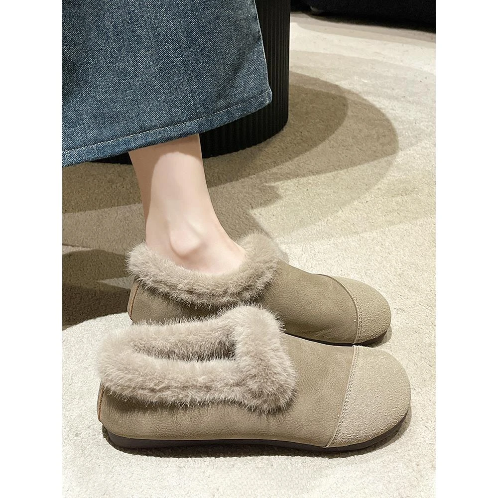 新款2024冬季新款复古加绒圆头平底一脚蹬保暖豆豆鞋女磨砂羊羔f
