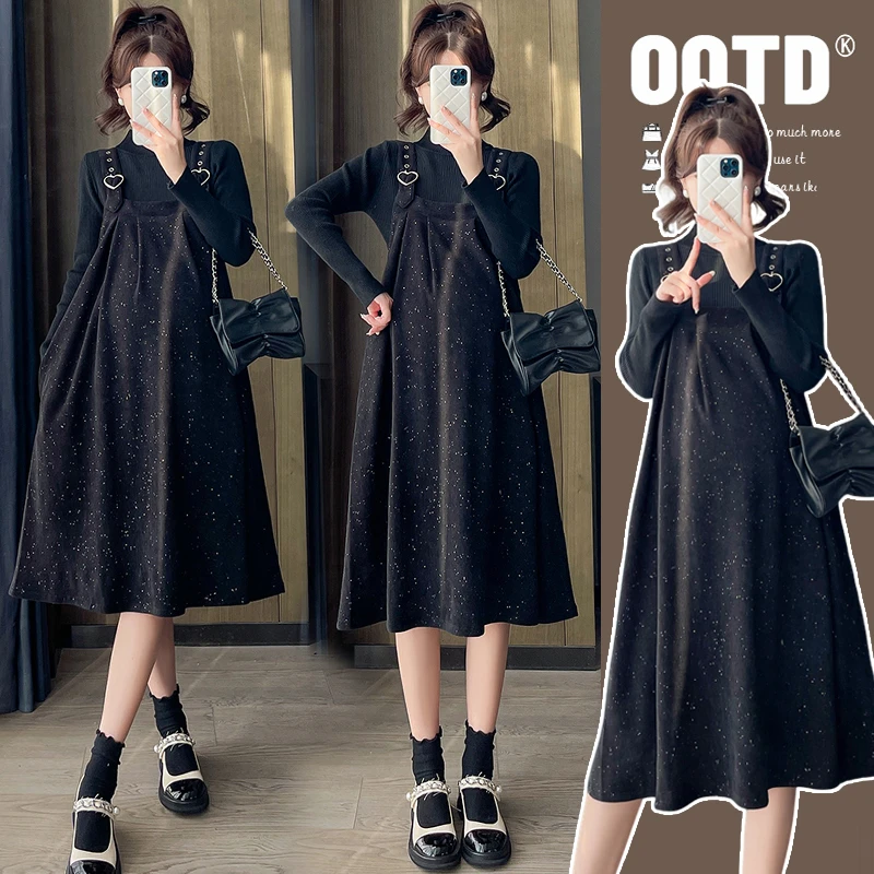 【安安】孕妇装秋冬季爱心扣背带裙+上衣减龄孕妇连衣裙秋冬装韩版