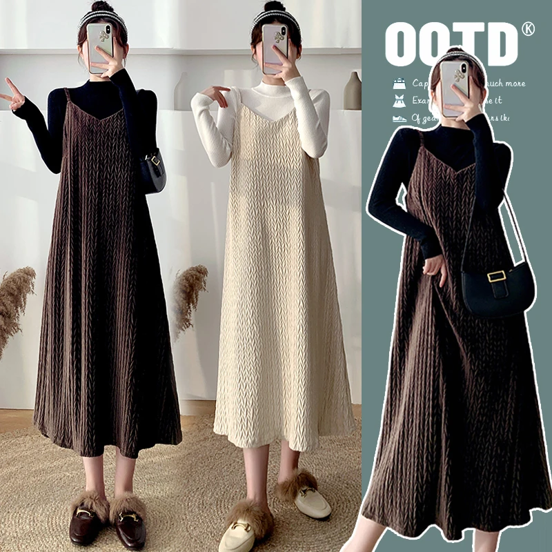 【安安】孕妇装秋冬季减龄吊带裙+上衣韩版气质显瘦孕妇连衣裙冬装