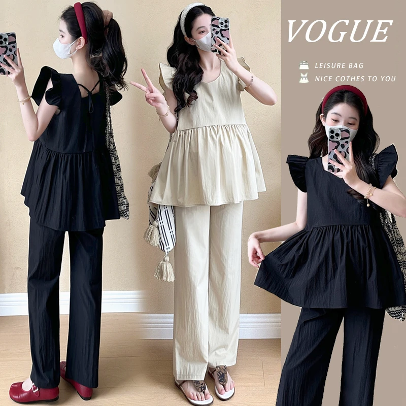 【安安】孕妇装夏季飞飞袖上衣两件套韩版纯色宽松减龄孕妇套装夏装