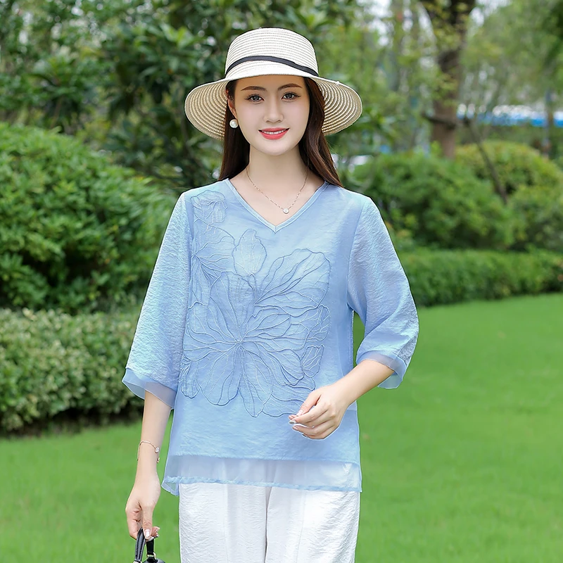 中年妈妈夏季显瘦宽松上衣民族风女短袖复古妈妈衫洋气
