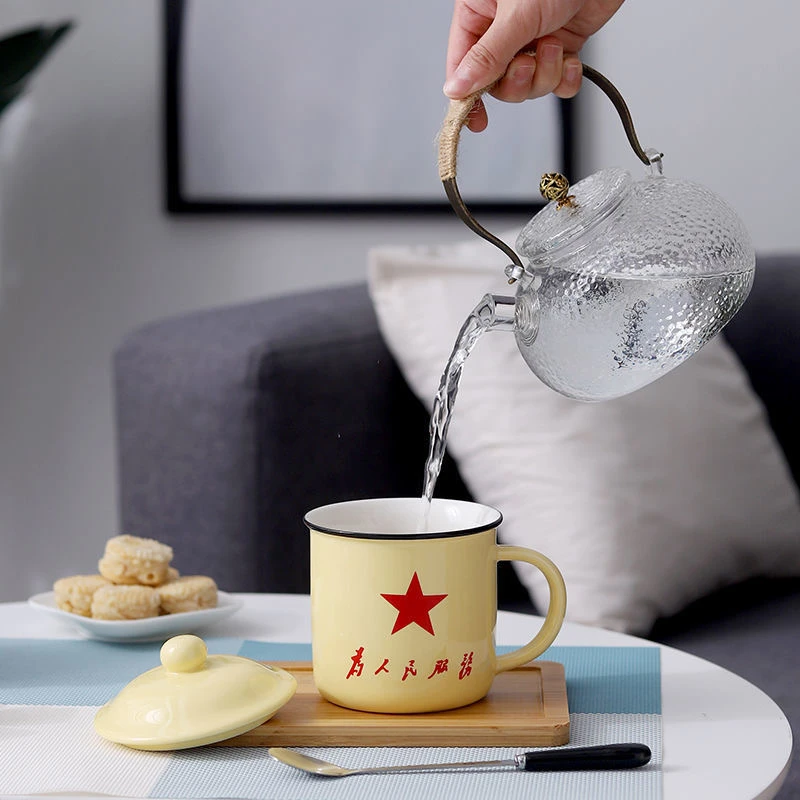 复古老式陶瓷杯家用带盖五角星马克杯办公室茶杯为人民服务茶缸子