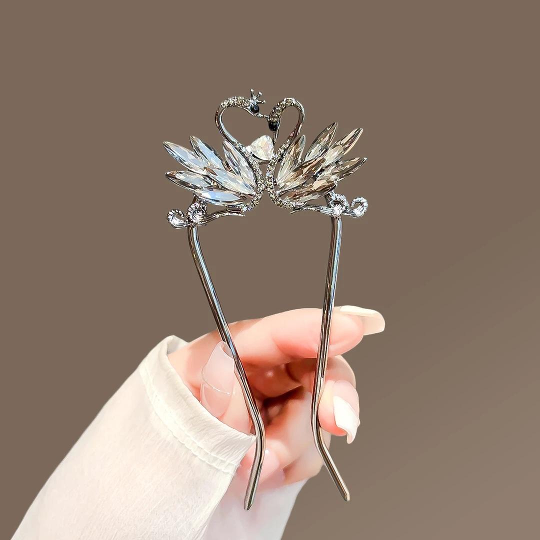 高级感水钻天鹅发钗女气质新款小众设计U型发簪现代简约盘发簪子