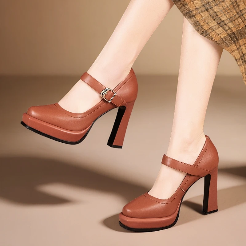 久站舒适不累脚粗跟浅口单鞋女真皮百搭新款防水台厚底走秀高跟鞋