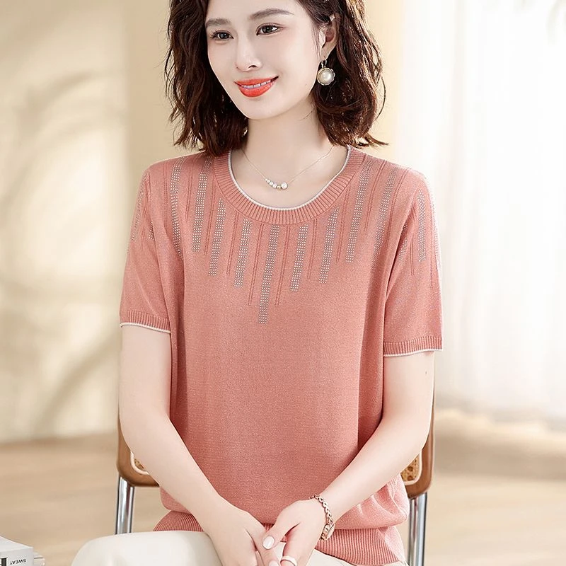 妈妈夏装天丝短袖T恤中老年女装遮肚针织小衫宽松薄款亮丝上衣