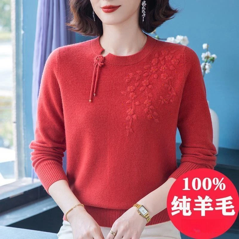 秋冬新中式纯羊毛衫女针织上衣时尚立体装饰中老年妈妈打底毛衣