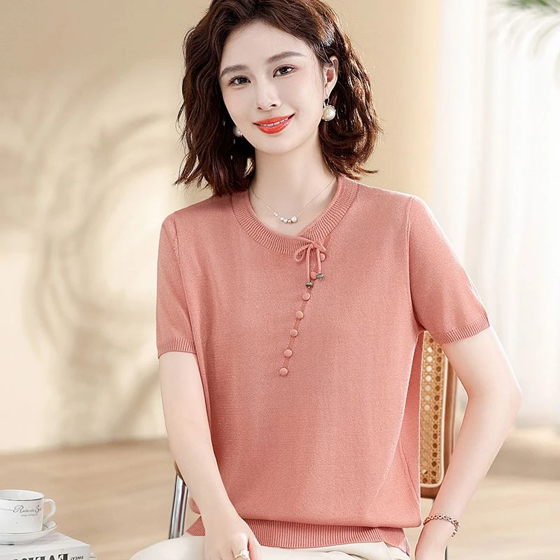 中国风针织衫女夏装新款短袖天丝t恤薄款半袖妈妈新中式上衣宽松