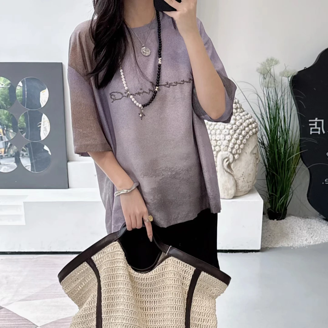 设计师款2024早秋新款桑蚕丝重工晕染烫渐变钻字母宽松短袖T恤女