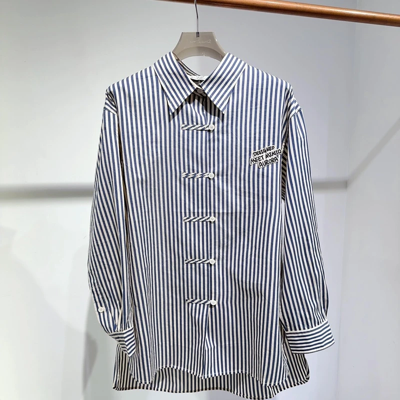 【MQ盘扣条纹衬衫】2024秋冬新品新中式长袖宽松翻领衬衫女