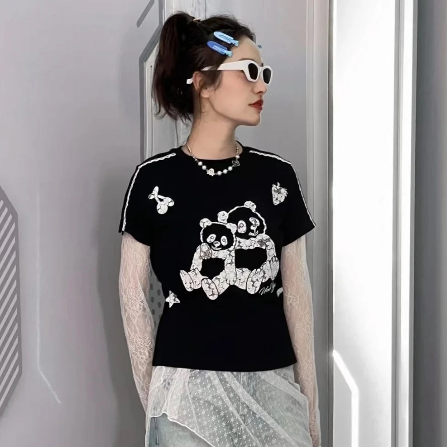 假两件蕾丝熊猫长袖T恤】2024秋新款