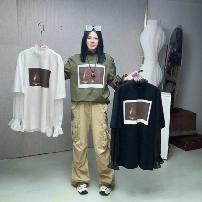 现货【尾家~假两件T恤】2025春夏新品印花宽松喇叭袖上衣