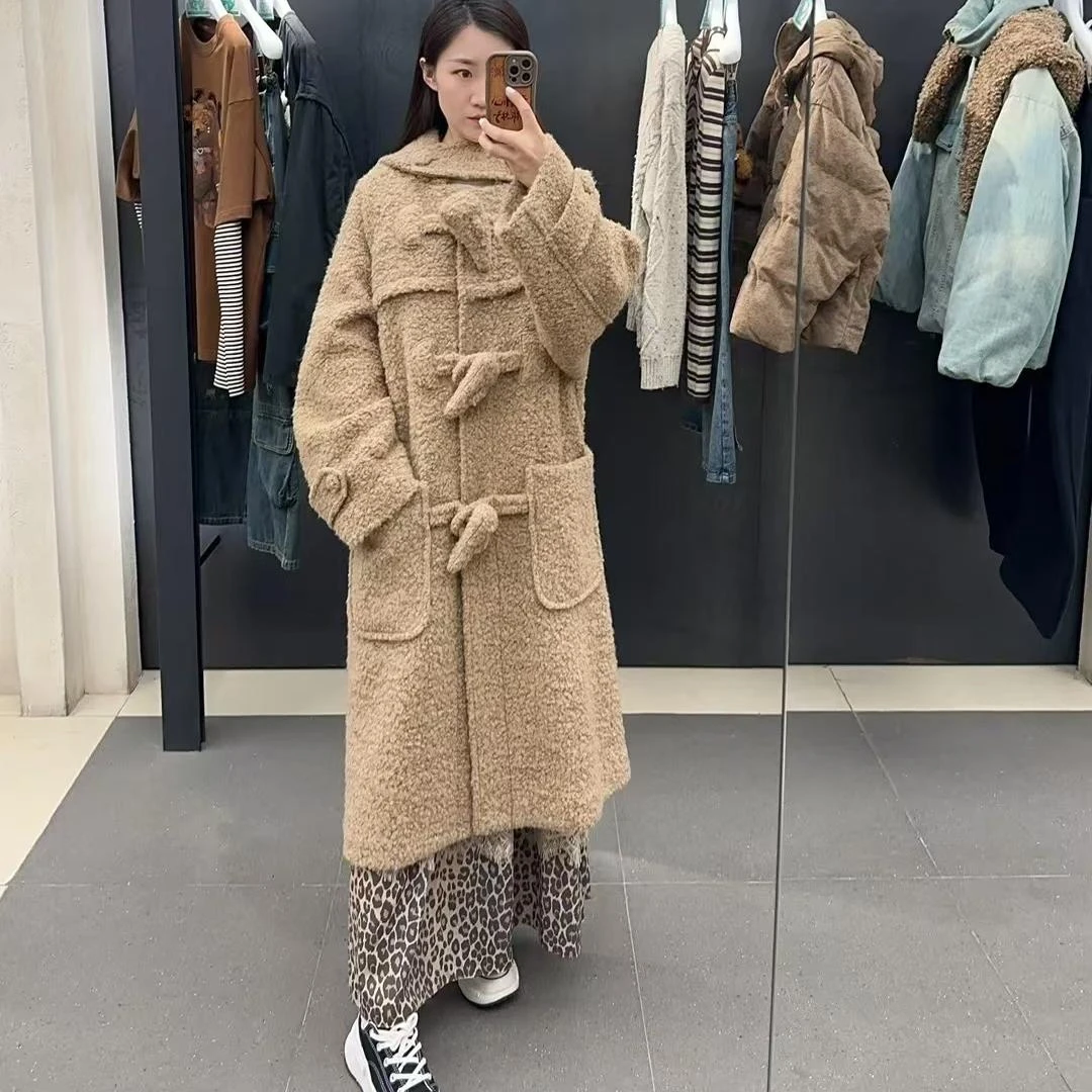 【大牛角扣连帽大衣】2024冬季新款宽松长袖中长款毛呢外套女