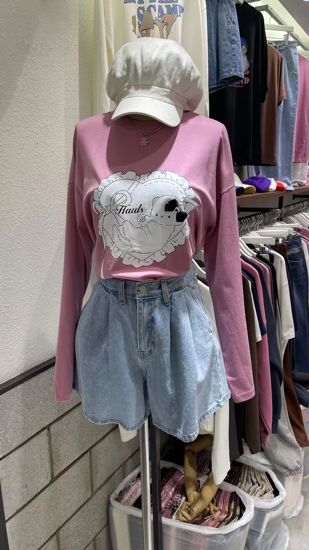 【no退no换】芳芳在韩国 东大门立体蝴蝶结装饰印花长袖T恤