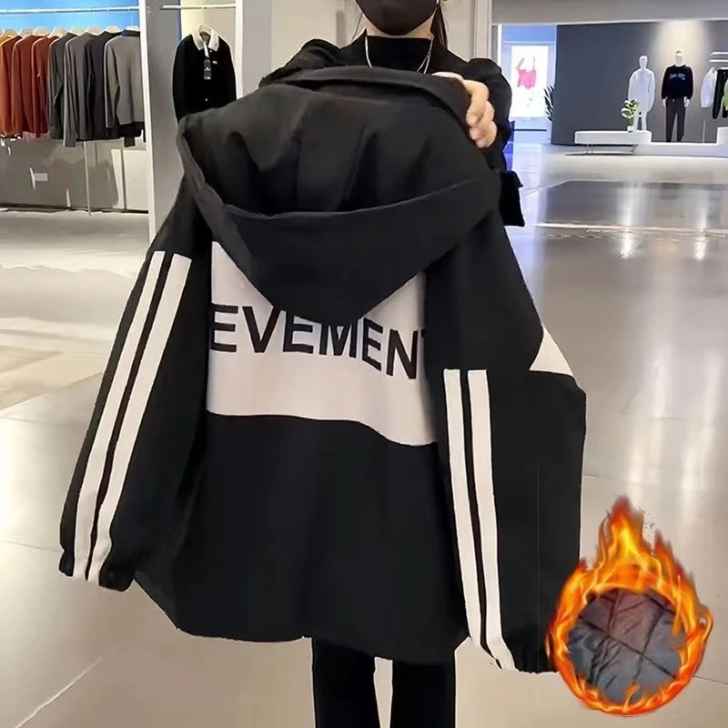 加棉加厚连帽冲锋衣外套2024春秋冬新款棉衣韩版宽松女休闲服