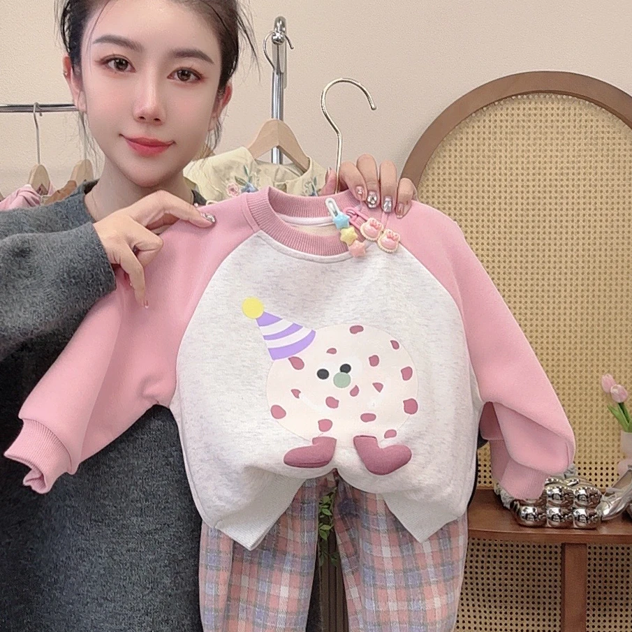 2024春秋款安可拉红加绒加厚女宝卫衣可爱时尚秋冬款上衣中小女童