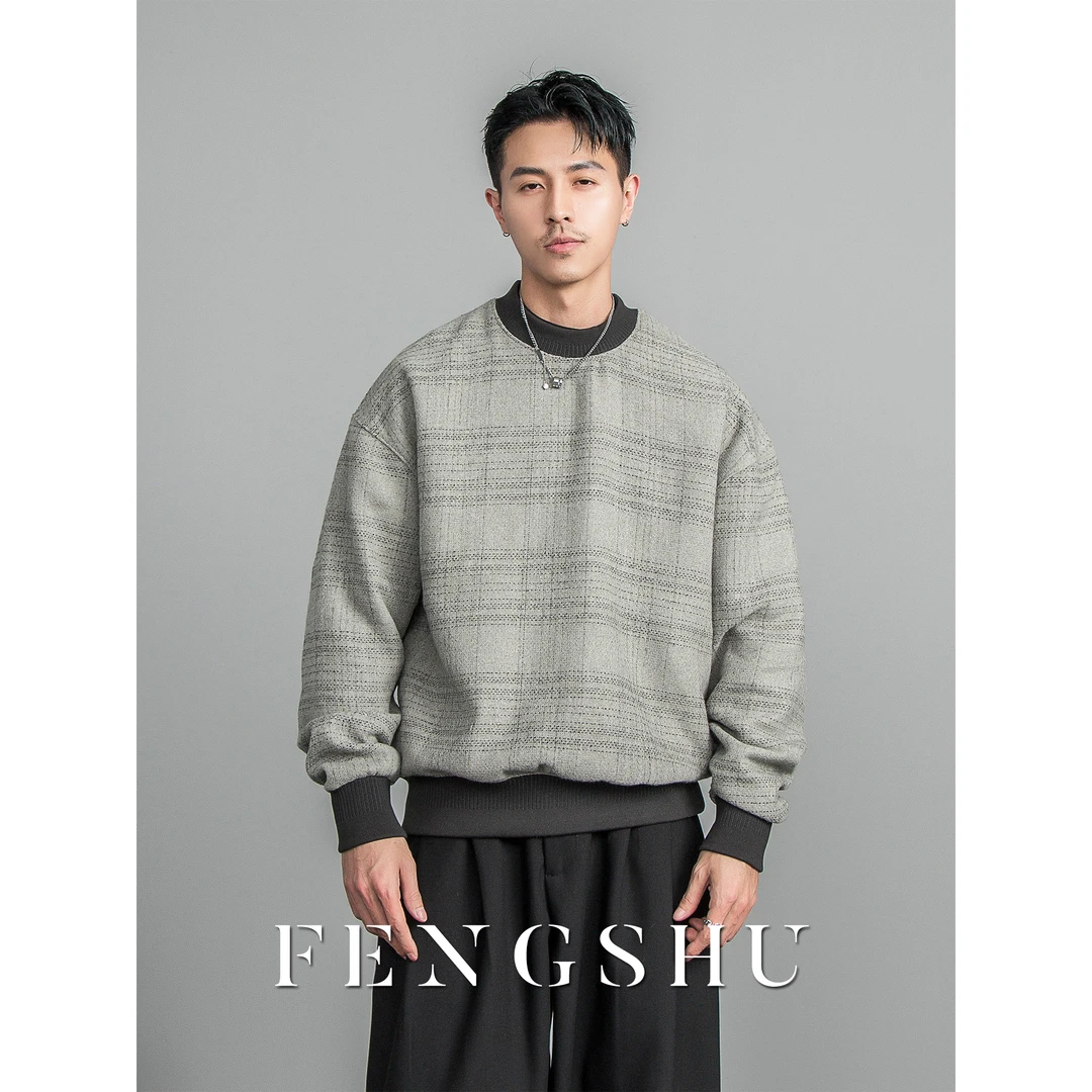 FENGSHU 秋冬高定小众圆领格纹提花撞色领卫衣宽松套头保暖厚卫衣