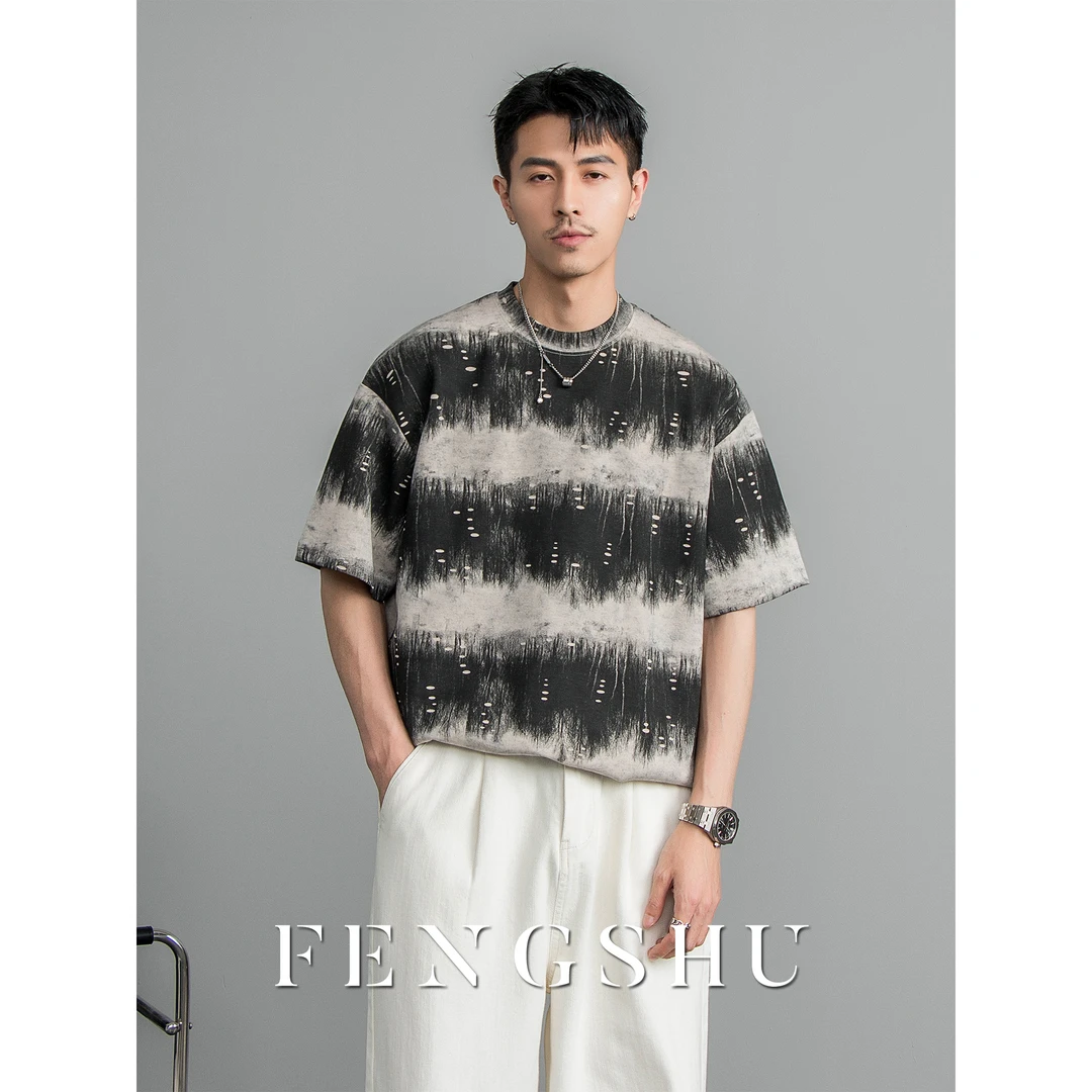 FENGSHU夏季男士扎染小众设计感条纹亲肤短袖T恤男高级感宽松复古
