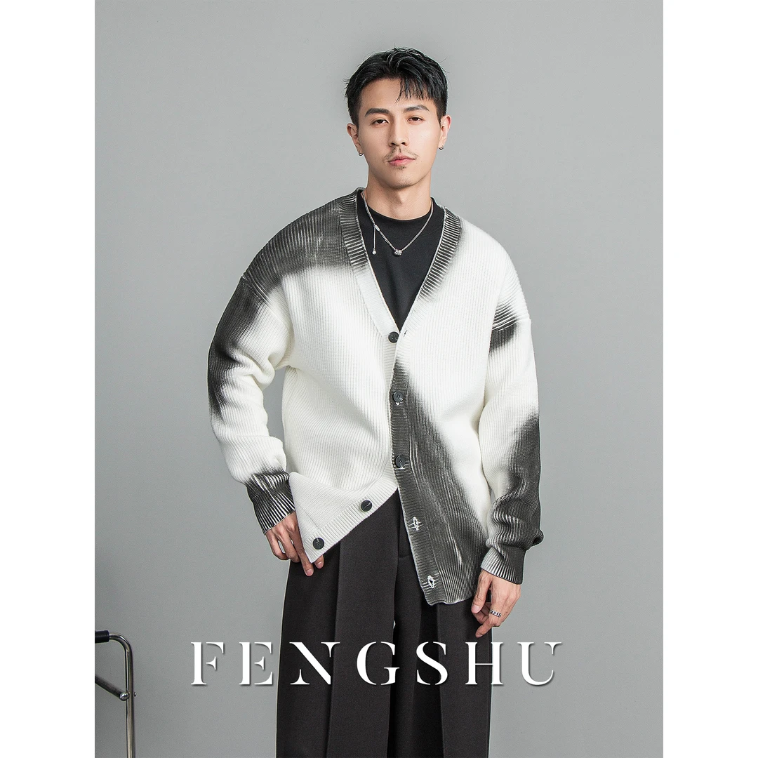 FENGSHU 秋冬设计感撞色晕染毛衣男新款宽松时尚百搭针织开衫外套