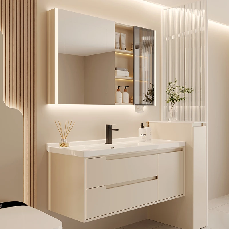 【8250-实木烤漆门】智能简约奶油风浴室柜组合极简风设计卫生间