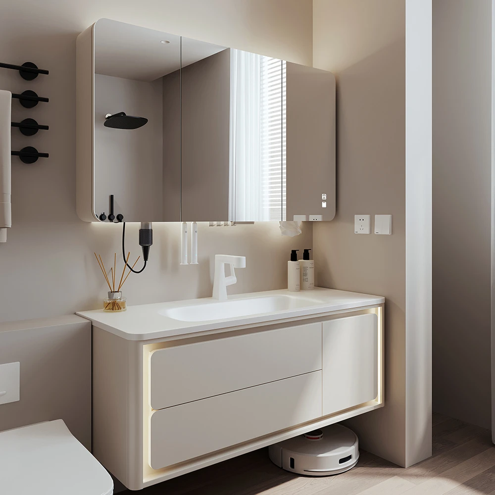 【11.11 Z10-岩板热弯一体盆】圆弧奶油风智能浴室柜组合实木洗脸台