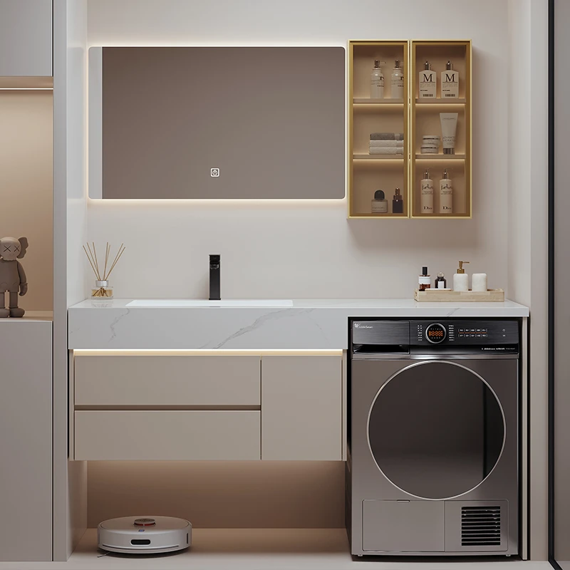 【奶茶色浴室洗衣机柜】一体式组合岩板无缝盆洗手间洗衣伴侣耐磨