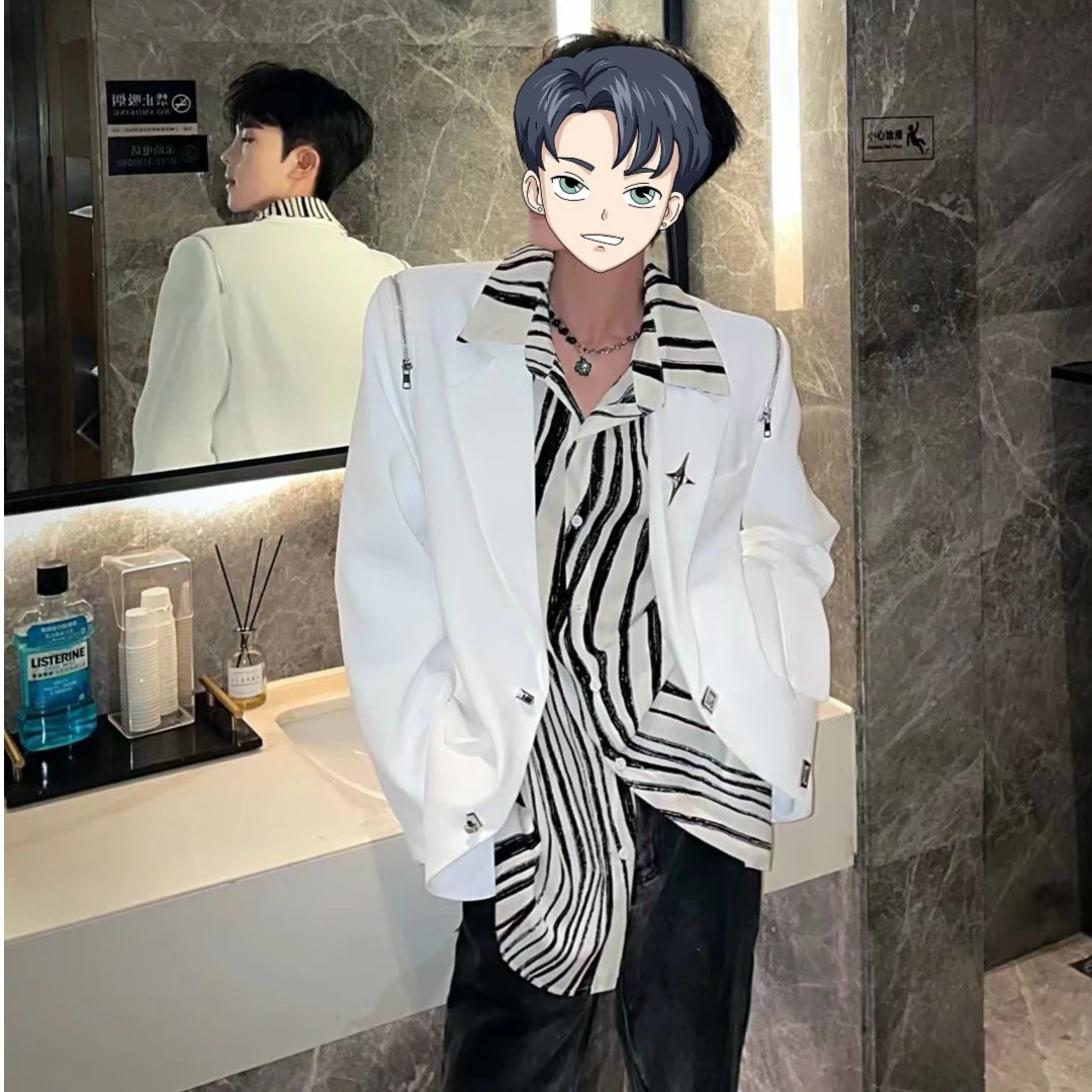 白色夜店西装外套男发型师小众设计感潮流垫肩休闲长袖网红西服秋