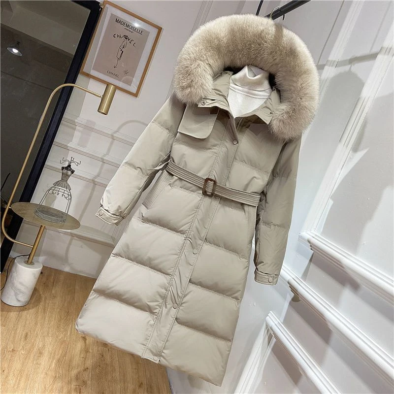 网红羽绒服女中长款2022新款女收腰显瘦过膝白鸭绒狐狸毛领羽绒服