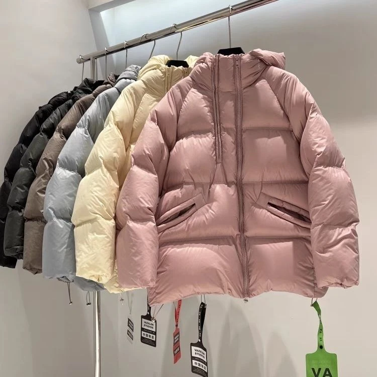 欧美双拉链羽绒服女连帽白鸭绒北方抗寒加厚宽松保暖面包外套潮