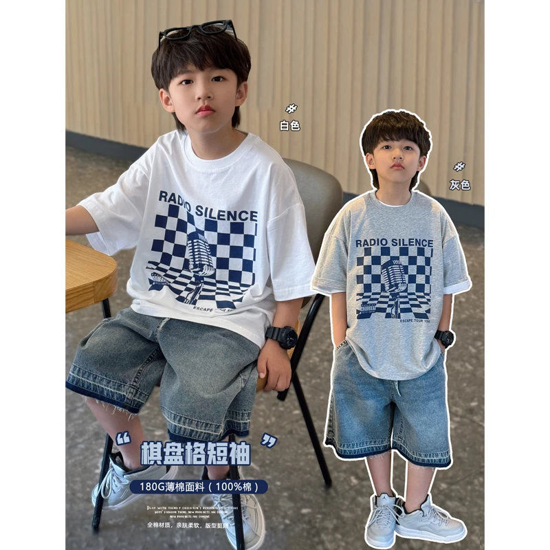凯文家童装2024夏季新品 男童中大童韩版时尚格子印花短袖儿童T恤