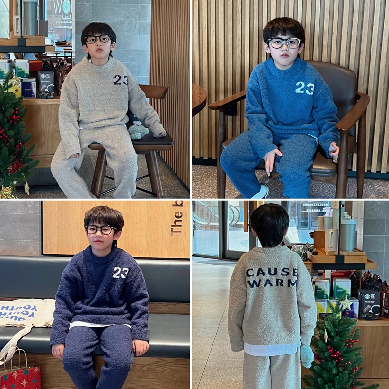 凯文家童装2023冬装新款男童中大童韩版绒绒儿童居家服睡衣睡裤