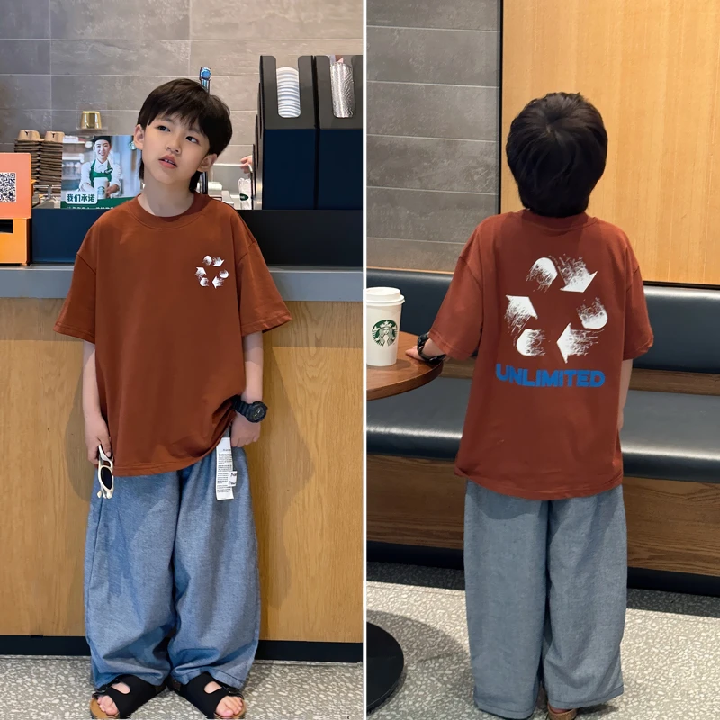 凯文家童装2024夏装新款 男童中大童韩版个性印花短袖儿童时尚T恤