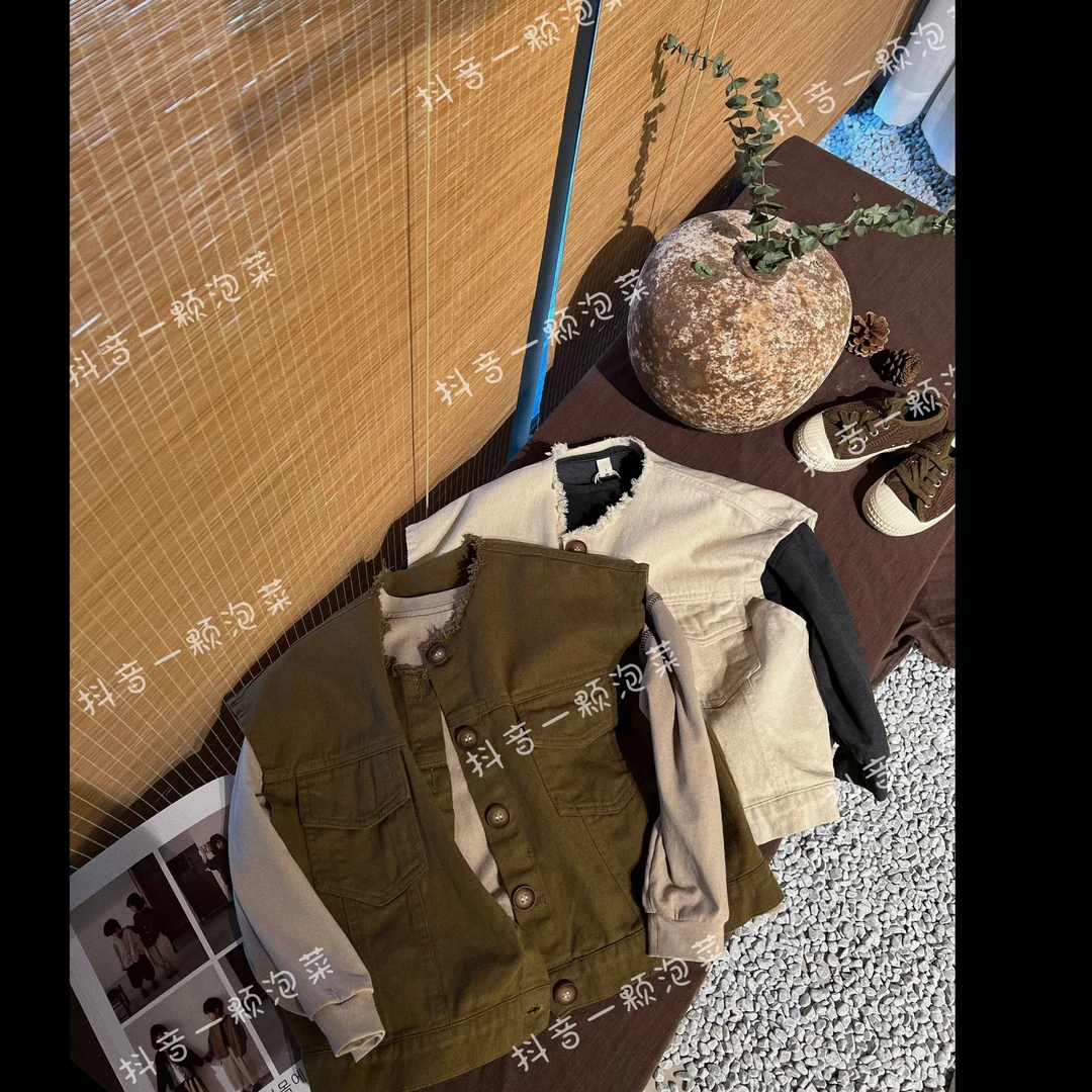 一颗泡菜「童装」2303《秋》日系街头!轮廓感毛边牛仔马甲