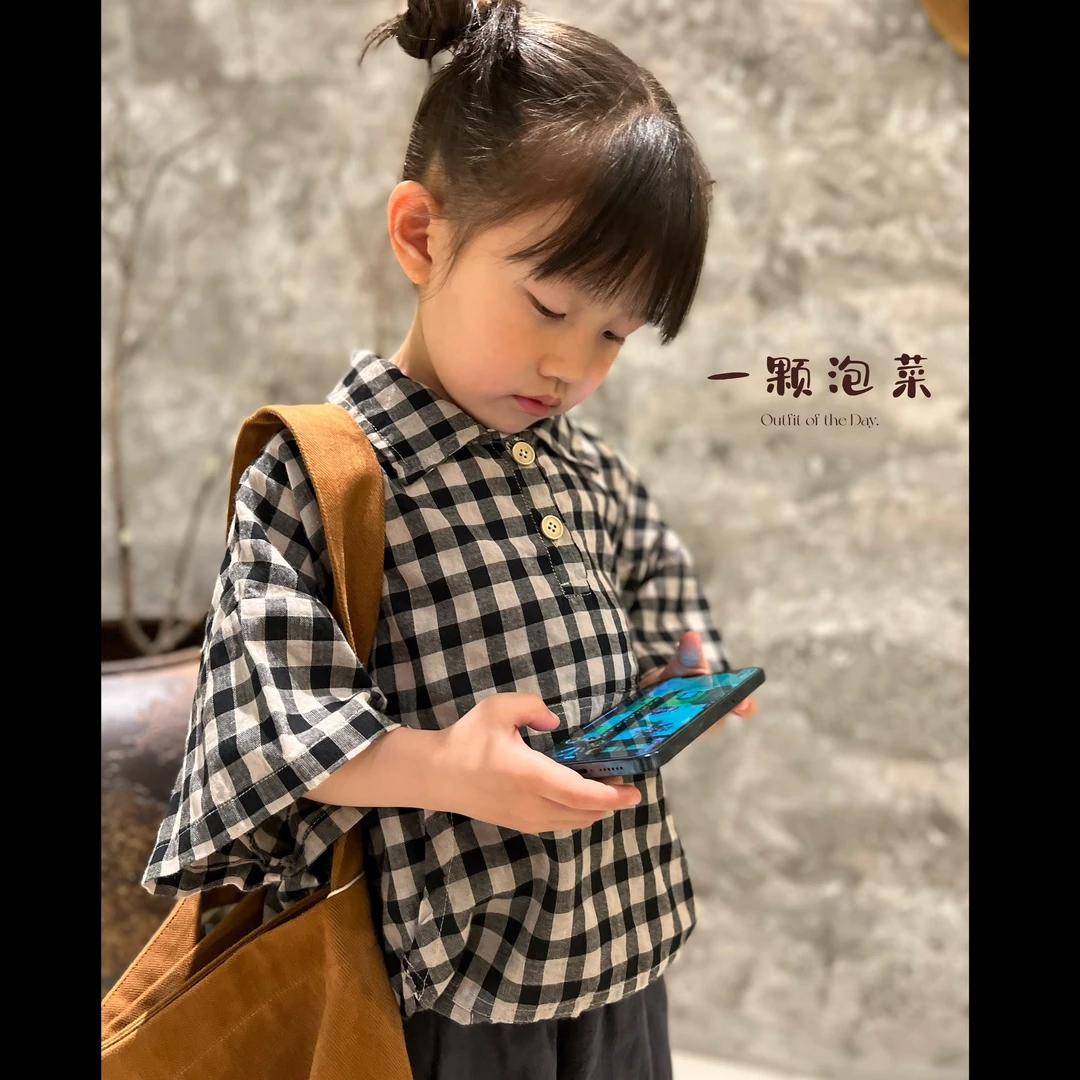 ||一颗泡菜•童装|| PCX-23135《夏》文艺复古!抽绳套头格子衬衣
