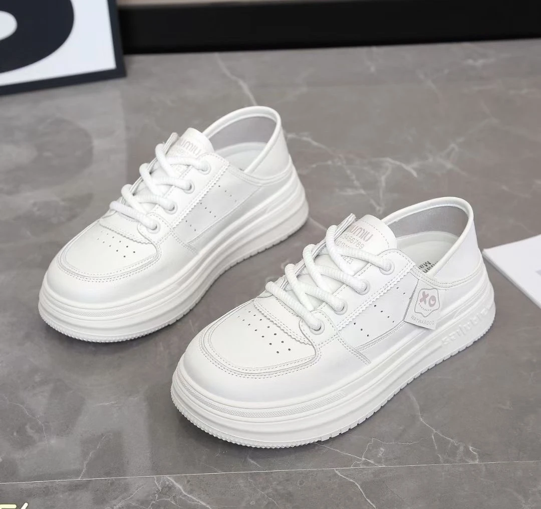 Q32 真皮两穿小白鞋女夏季新款圆头系带厚底纯色气质薄款休闲C5