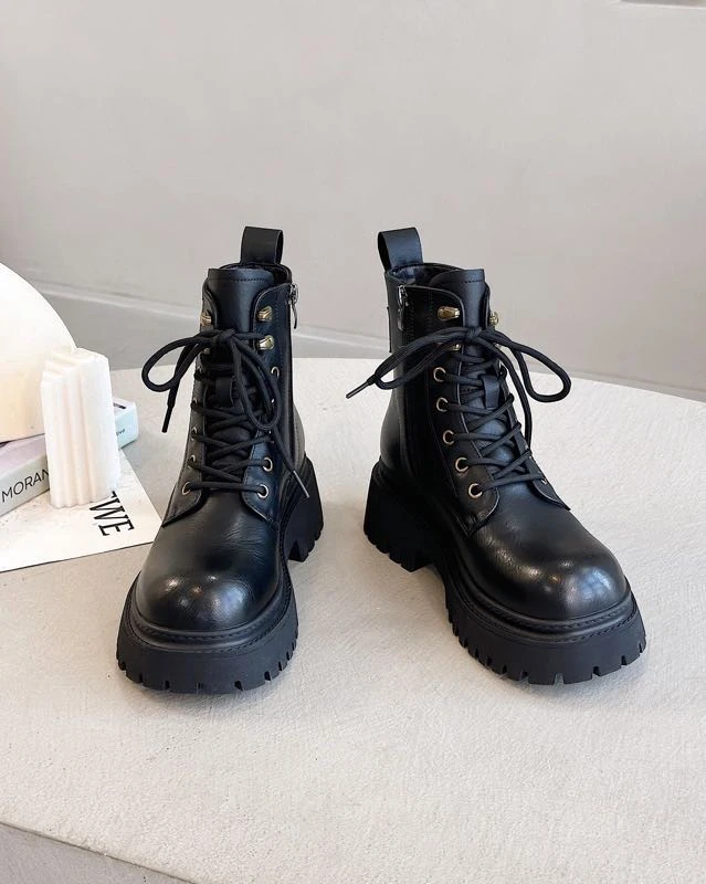 808-1 马丁靴女英伦风春秋季新款靴子真皮复古短靴厚底内增高