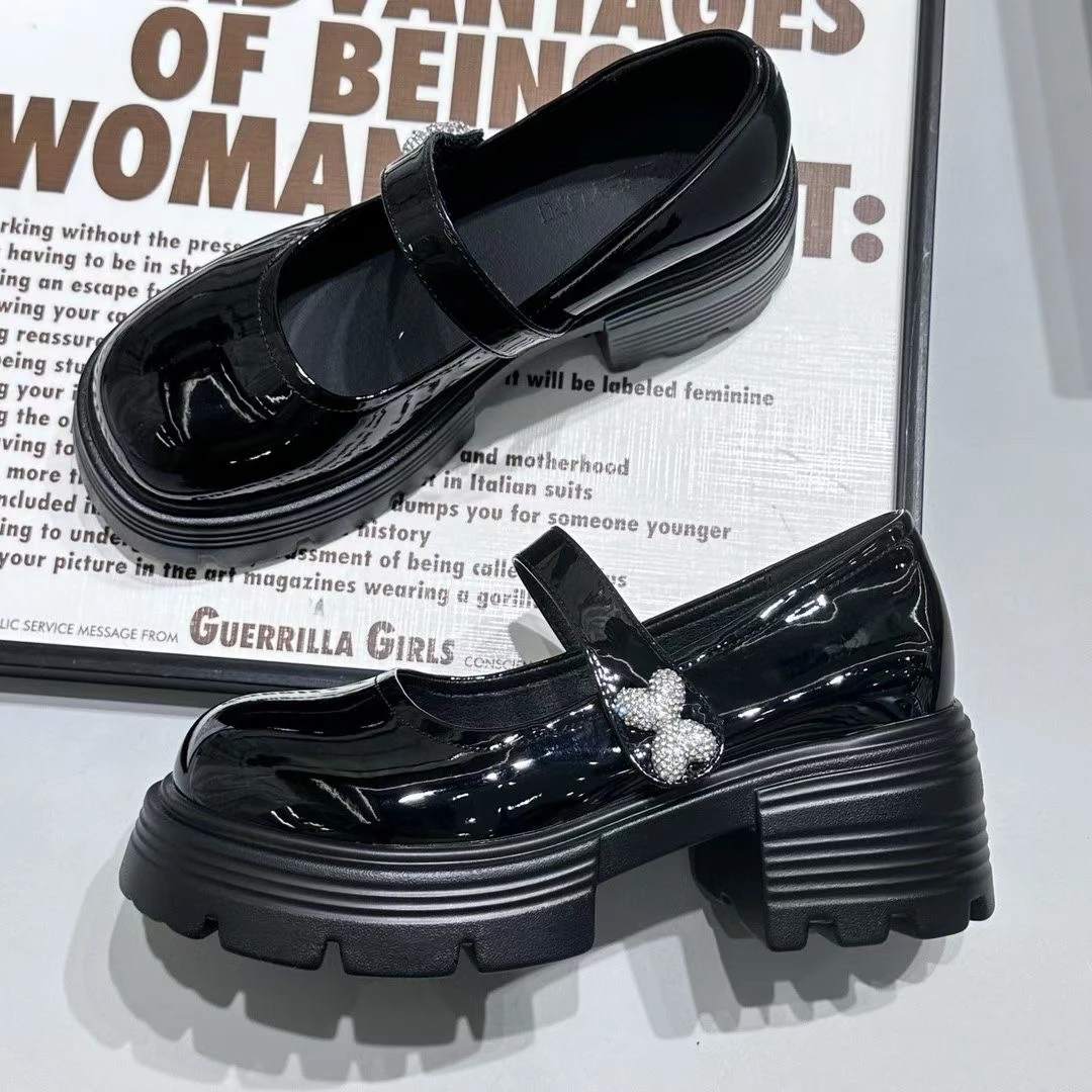 7007-1法式玛丽珍鞋新款6cm增高小皮鞋女粗跟浅口蝴蝶水钻单鞋A8