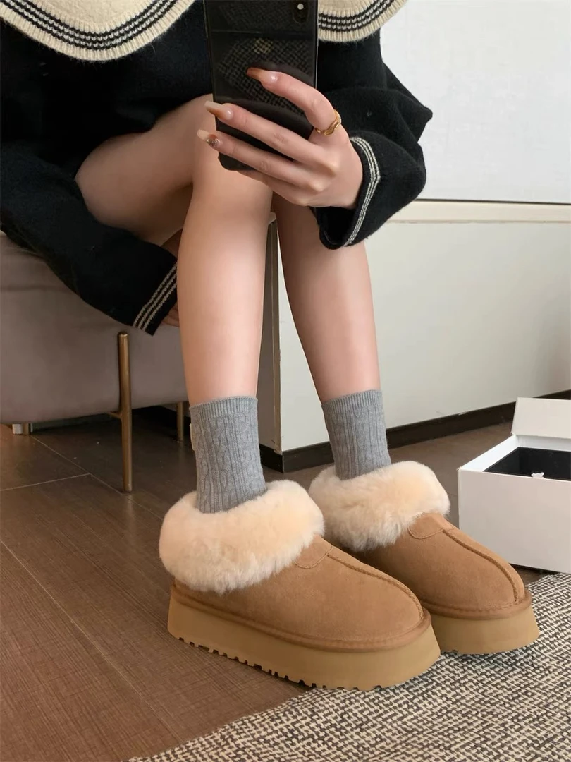 0928皮毛一体厚底雪地靴短筒靴百搭女鞋子秋冬保暖加绒棉鞋毛毛鞋