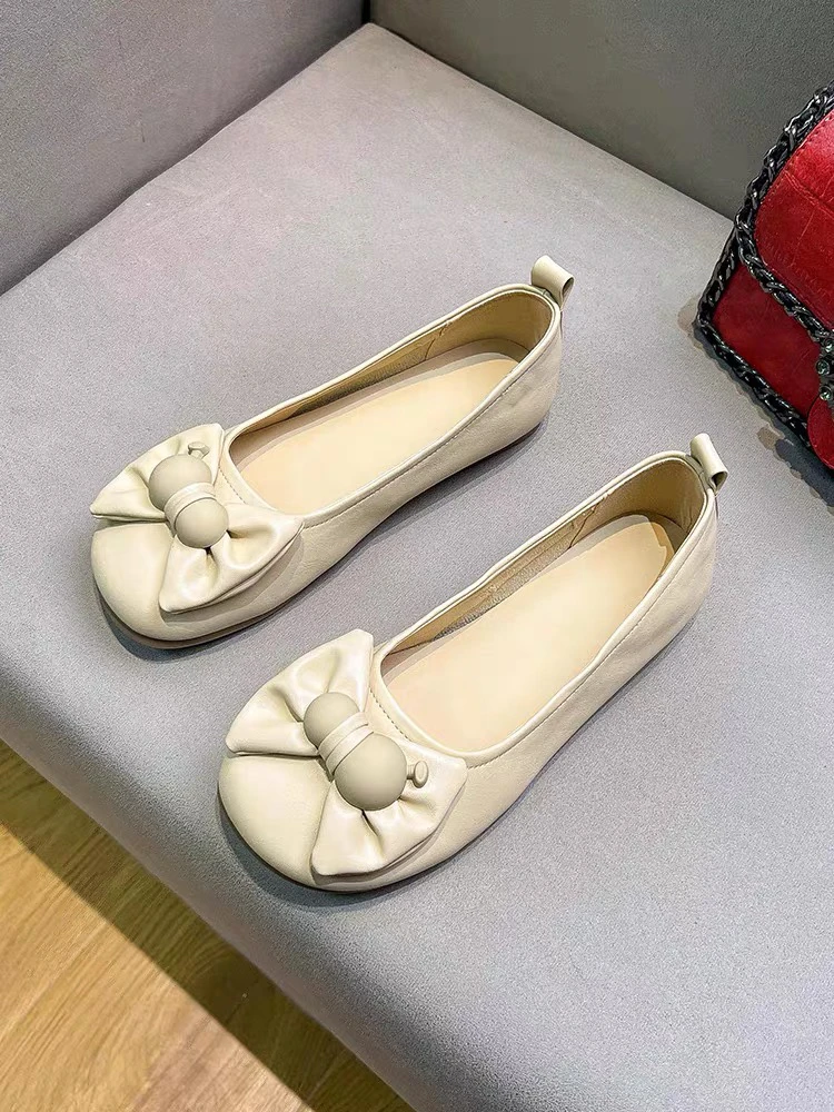 6088-68小香风软底豆豆鞋女新款浅口蝴蝶结单鞋一脚蹬圆头鞋A9