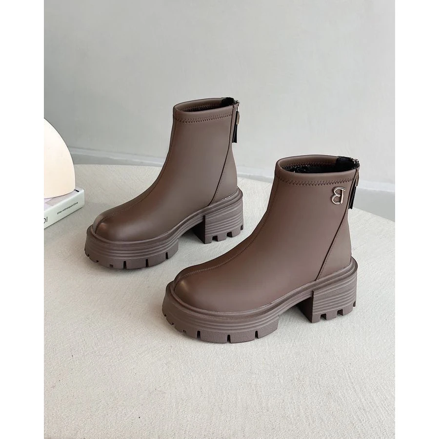 66700弹力瘦瘦靴女款秋冬配裙子厚底短靴小个子粗跟马丁靴英伦K1